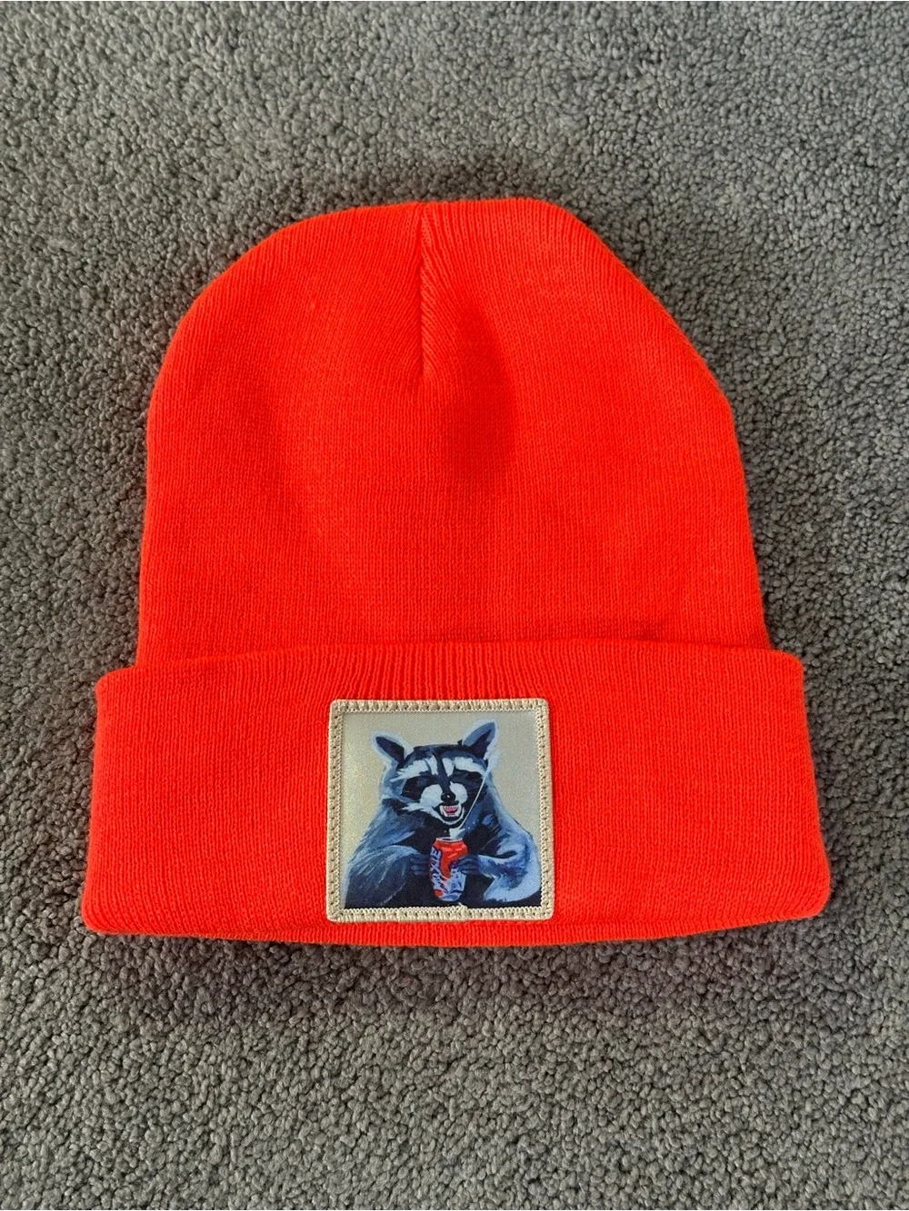FLYN Neon Orange Beanie Raccoon Trash Panda Portland Maine Artist Made Punk